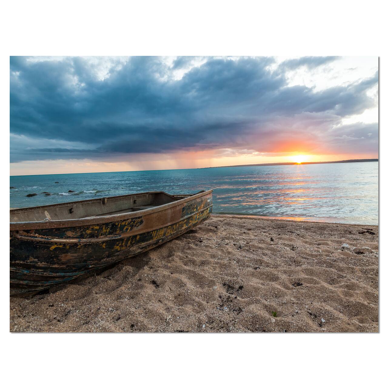 Designart - Rusty Row Boat on Sand at Sunset - Extra Large Seascape Art Canvas